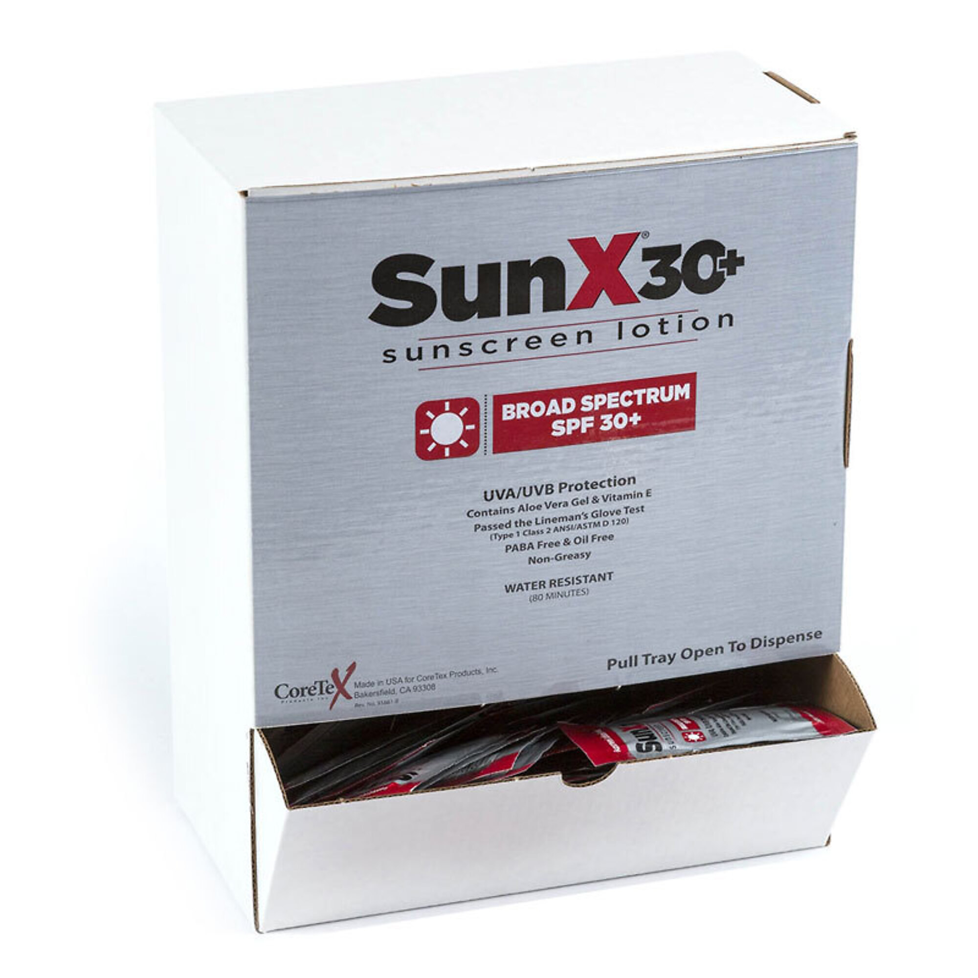 Aero Healthcare SunX30 Sunscreen Lotion Packets — SPF 30, Broad Spectrum, Water-Resistant, 50/Box, Model# 91663
